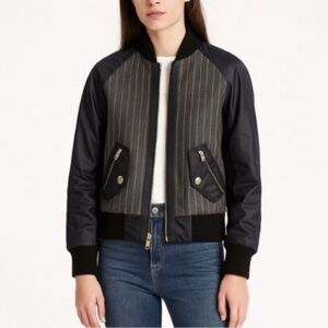 J.Crew XXS Bomber Jacket Gray Pinstripe Wool Blend Navy Sleeve Zip Front